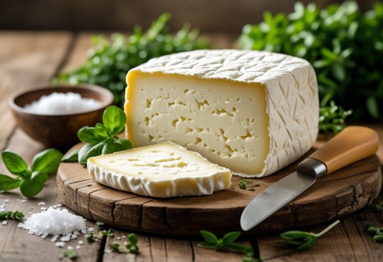 Queijo minas frescal cremoso e parcialmente fatiado sobre mesa de madeira com ervas frescas ao redor.