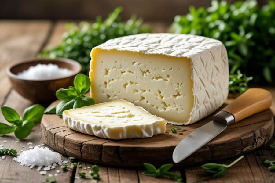 Queijo minas frescal cremoso e parcialmente fatiado sobre mesa de madeira com ervas frescas ao redor.