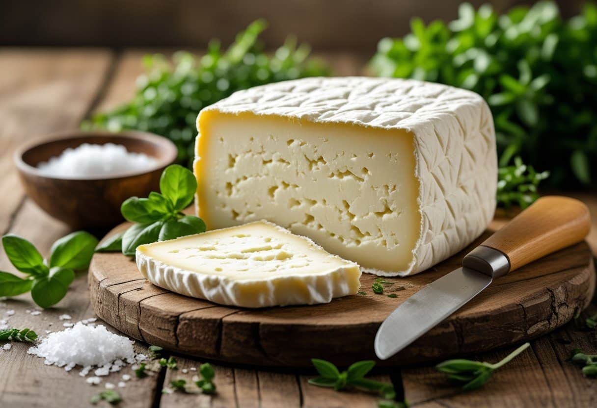 Queijo minas frescal cremoso e parcialmente fatiado sobre mesa de madeira com ervas frescas ao redor.