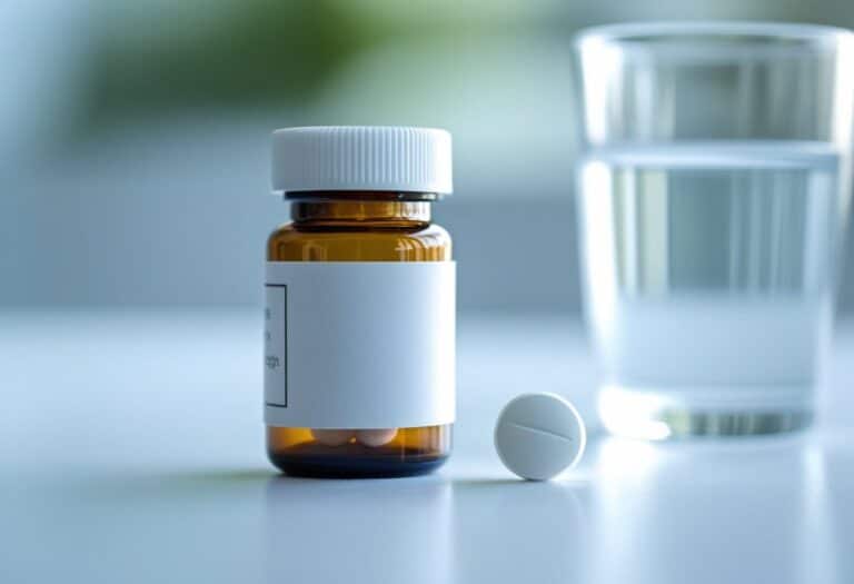 Frasco pequeno de remédio branco com um comprimido branco ao lado sobre uma superfície branca, com um copo de água parcialmente visível ao fundo.