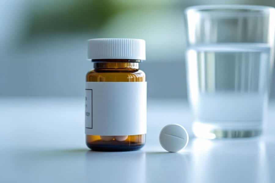 Frasco pequeno de remédio branco com um comprimido branco ao lado sobre uma superfície branca, com um copo de água parcialmente visível ao fundo.