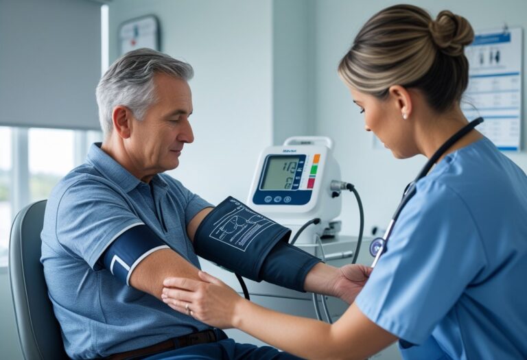 Pessoa tendo a pressão arterial medida por um profissional de saúde em um consultório médico.
