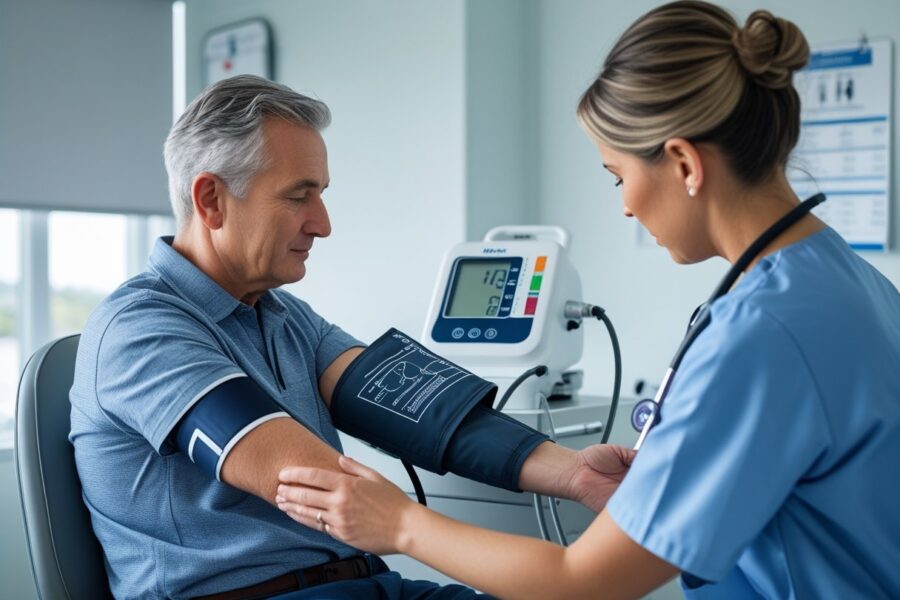 Pessoa tendo a pressão arterial medida por um profissional de saúde em um consultório médico.
