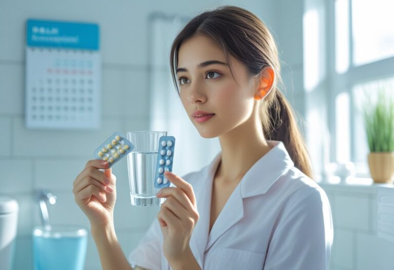 Mulher jovem segurando cartela de anticoncepcional e copo de água em banheiro iluminado, com calendário ao fundo.