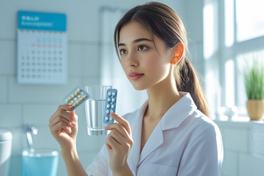 Mulher jovem segurando cartela de anticoncepcional e copo de água em banheiro iluminado, com calendário ao fundo.