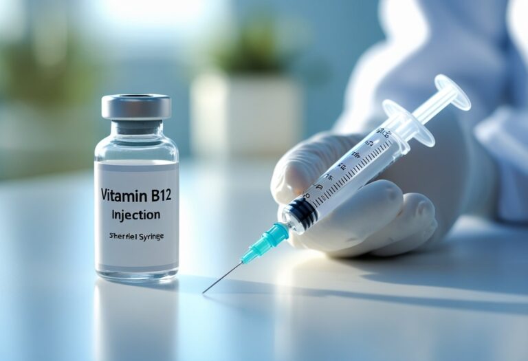 Frasco de vitamina B12 injetável ao lado de uma seringa em ambiente clínico com uma pessoa usando luvas brancas preparando a injeção.