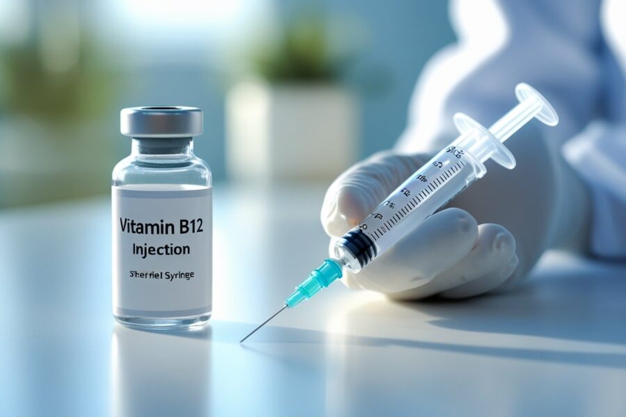Frasco de vitamina B12 injetável ao lado de uma seringa em ambiente clínico com uma pessoa usando luvas brancas preparando a injeção.