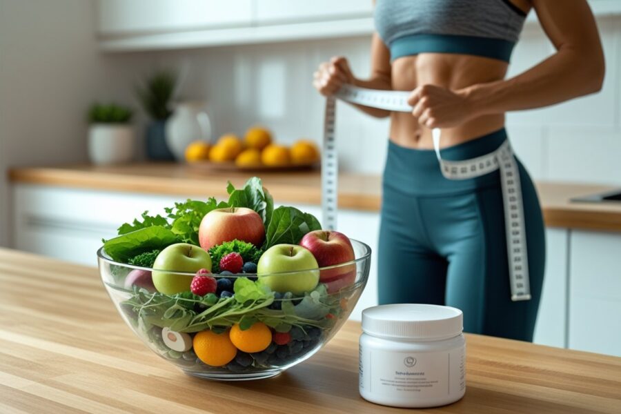 Pessoa medindo a cintura com fita métrica em uma cozinha com frutas e vegetais frescos sobre a bancada.