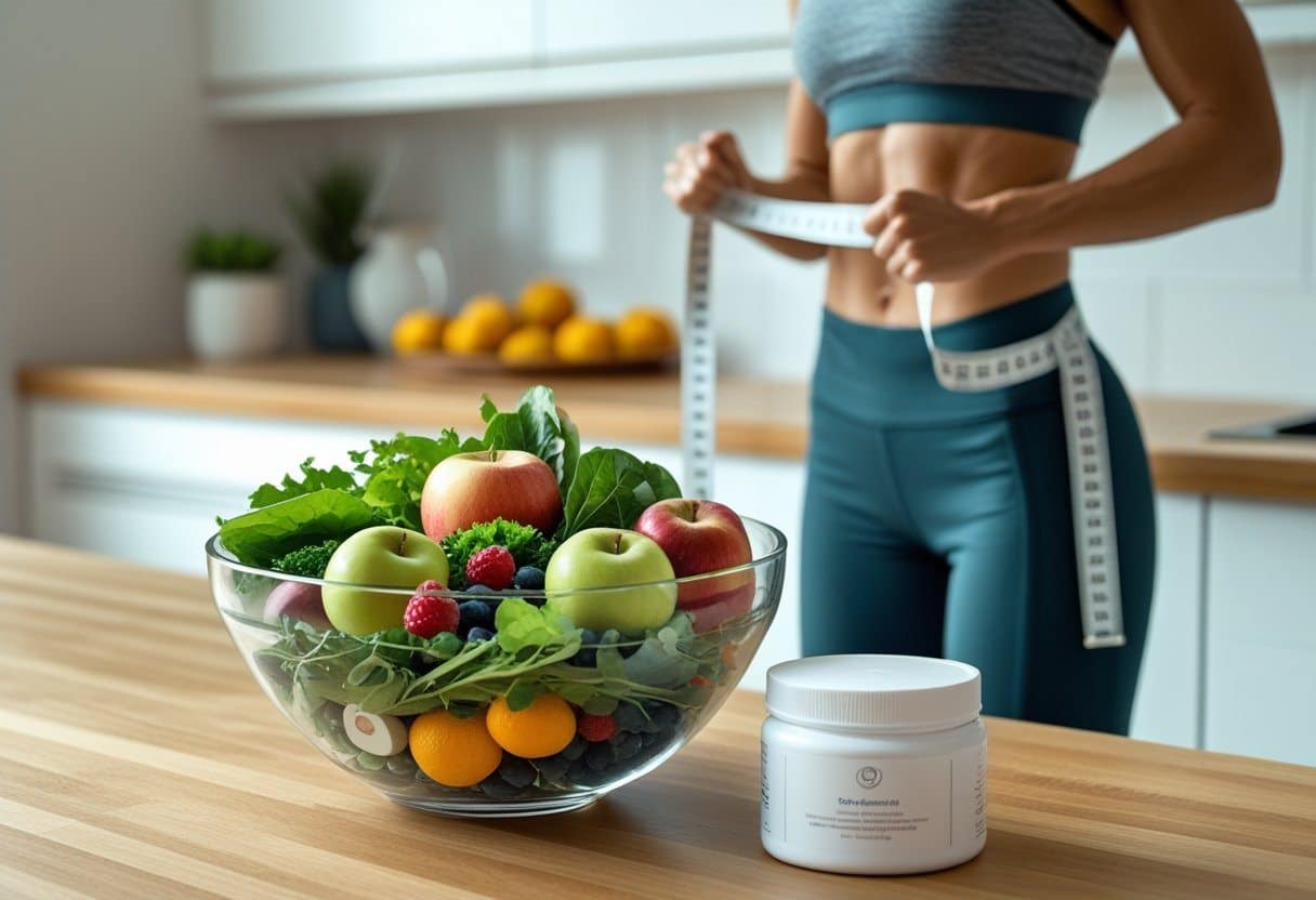 Pessoa medindo a cintura com fita métrica em uma cozinha com frutas e vegetais frescos sobre a bancada.