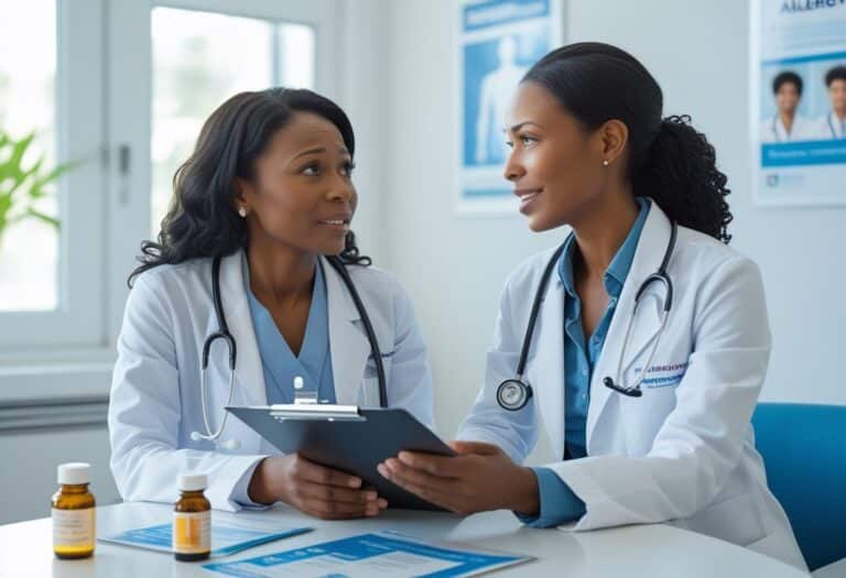Mulher preocupada conversando com médica em consultório médico sobre medicação.