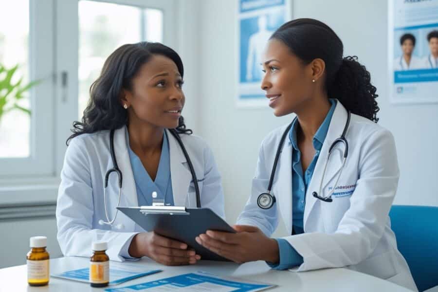 Mulher preocupada conversando com médica em consultório médico sobre medicação.