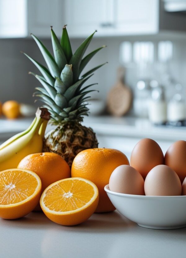 Frutas frescas e ovos crus dispostos sobre uma bancada de cozinha.