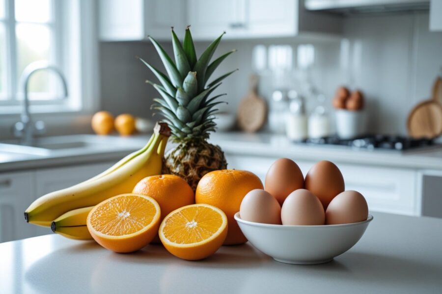 Frutas frescas e ovos crus dispostos sobre uma bancada de cozinha.