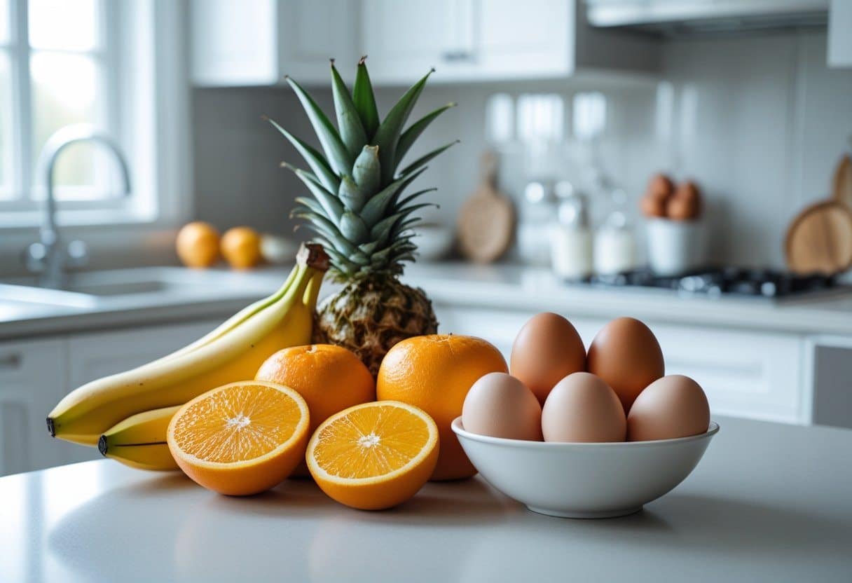 Frutas frescas e ovos crus dispostos sobre uma bancada de cozinha.
