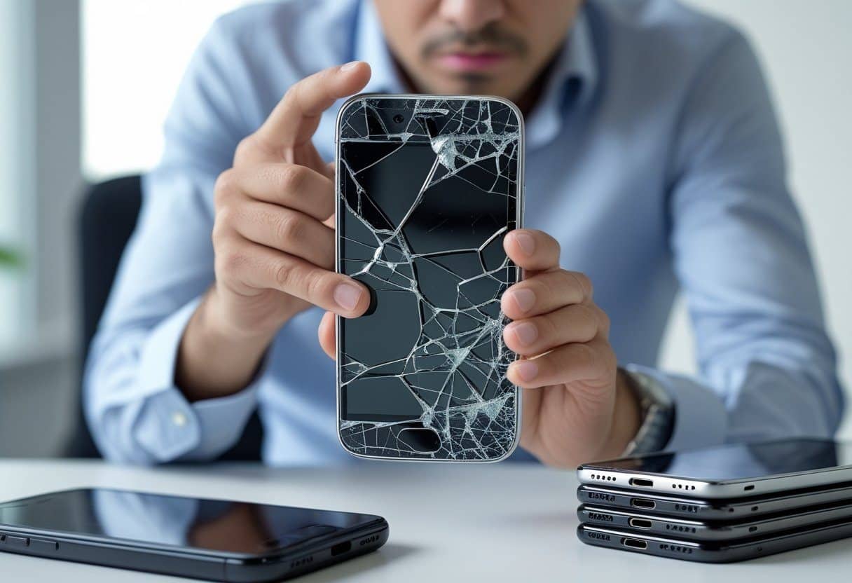 Pessoa frustrada segurando um celular quebrado com a tela rachada, com vários celulares danificados empilhados em uma mesa em um ambiente de escritório.