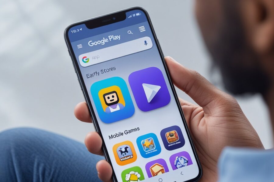 Pessoa segurando um smartphone que mostra a interface da Play Store com um ícone de jogo clássico na tela.