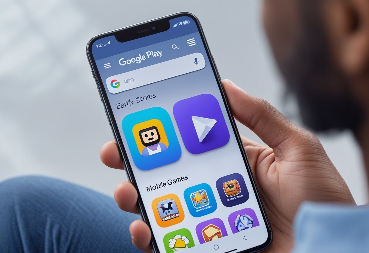 Pessoa segurando um smartphone que mostra a interface da Play Store com um ícone de jogo clássico na tela.