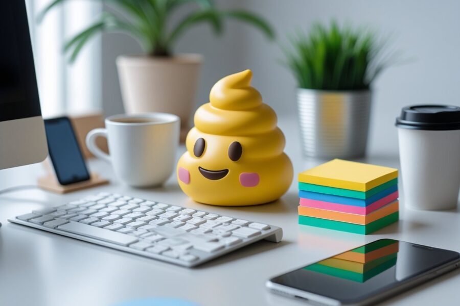 Mesa de escritório com um teclado, xícara de café, planta pequena e uma escultura de emoji de cocô ao lado de anotações coloridas e um smartphone.