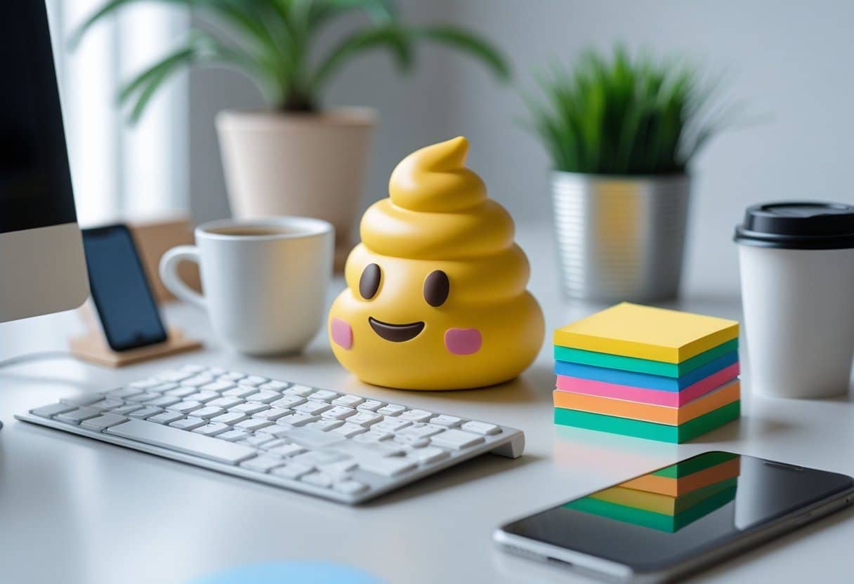 Mesa de escritório com um teclado, xícara de café, planta pequena e uma escultura de emoji de cocô ao lado de anotações coloridas e um smartphone.