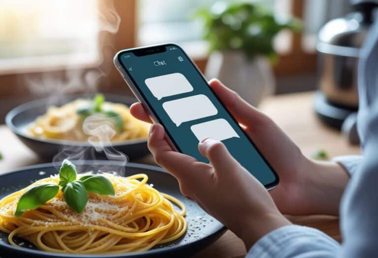 Pessoa segurando um smartphone próximo a um prato de macarrão fresco em uma mesa de madeira.