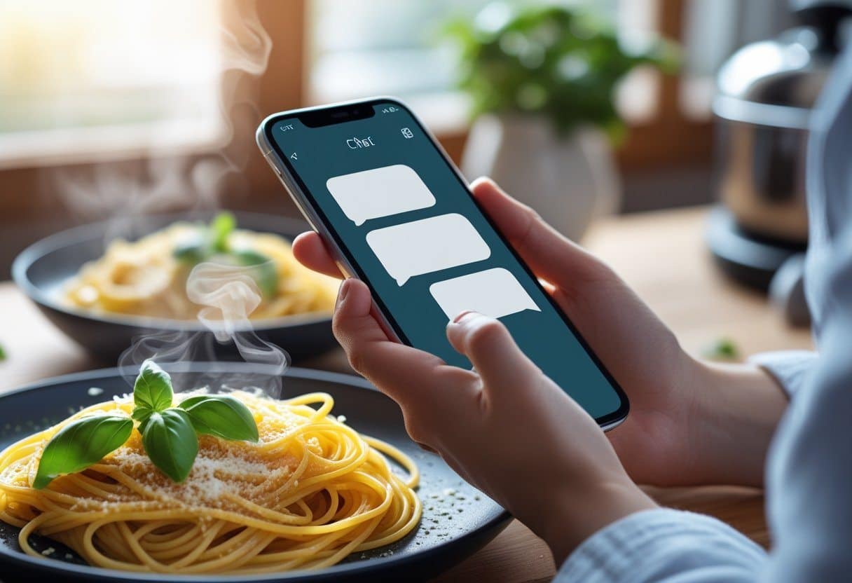 Pessoa segurando um smartphone próximo a um prato de macarrão fresco em uma mesa de madeira.