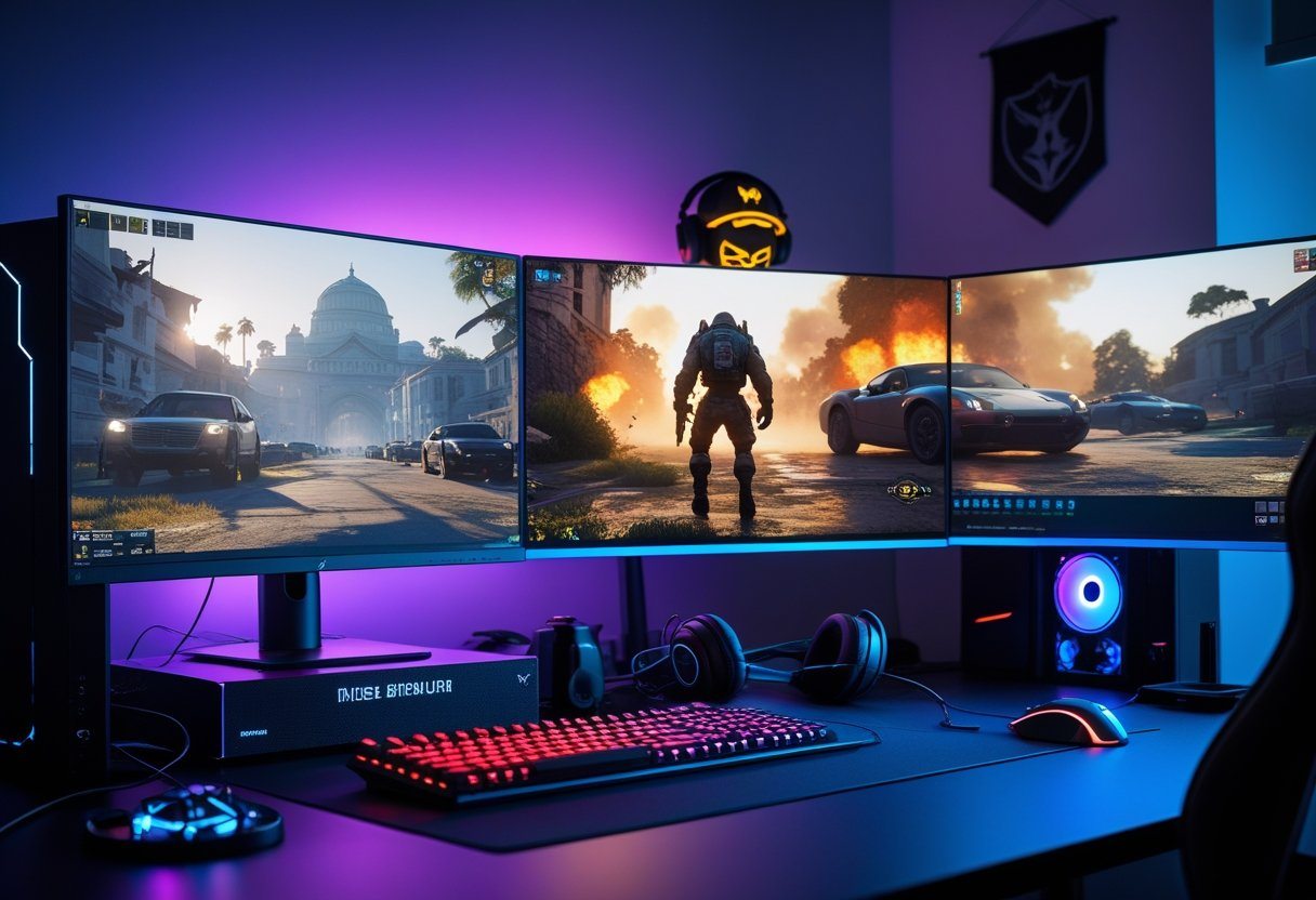 Setup moderno de jogos com computador potente e vários monitores exibindo cenas intensas de um jogo com gráficos detalhados.