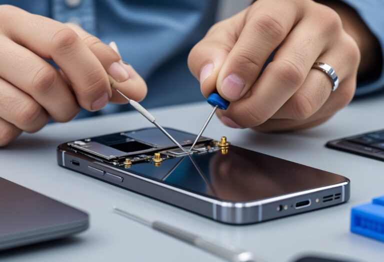 Mãos de um técnico consertando a antena de um celular em uma bancada de trabalho organizada.