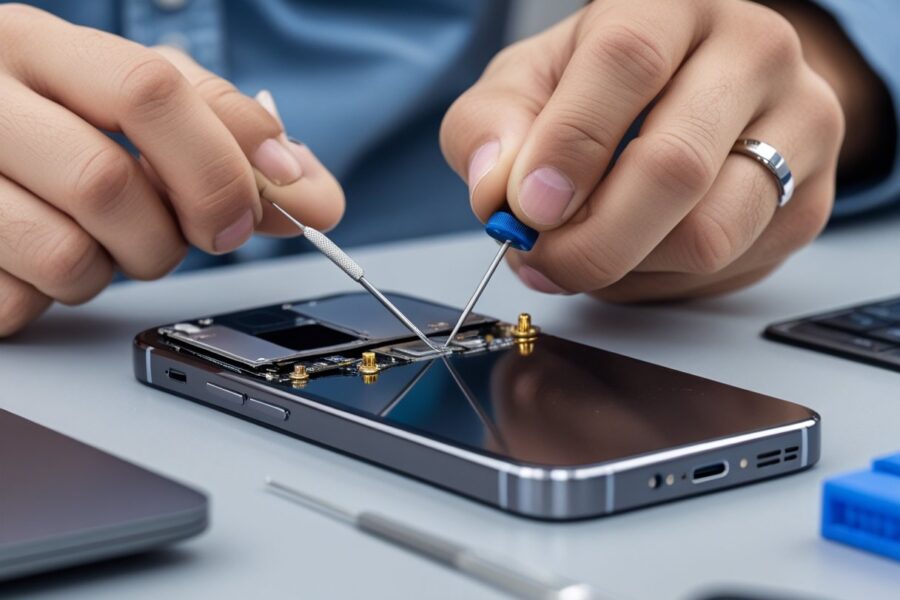Mãos de um técnico consertando a antena de um celular em uma bancada de trabalho organizada.