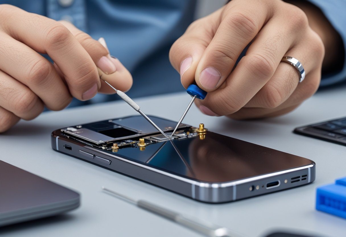 Mãos de um técnico consertando a antena de um celular em uma bancada de trabalho organizada.