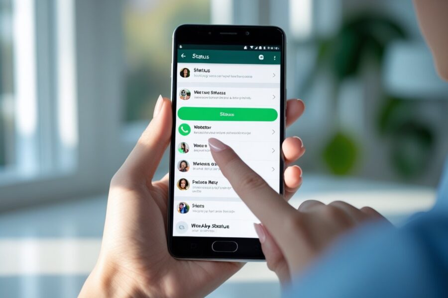 Pessoa segurando um smartphone mostrando a tela do WhatsApp na seção de status, em um ambiente interno iluminado.