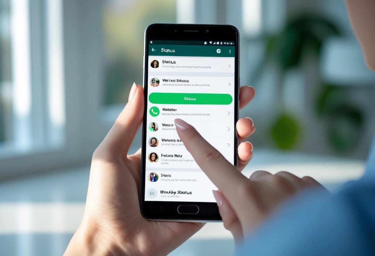 Pessoa segurando um smartphone mostrando a tela do WhatsApp na seção de status, em um ambiente interno iluminado.