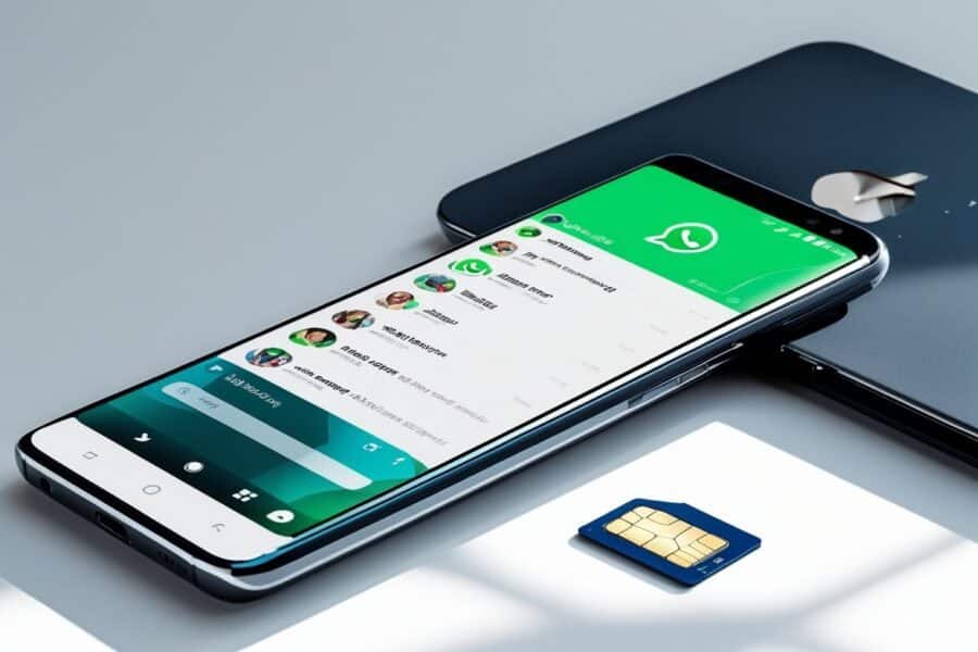 Um smartphone moderno com a bandeja do chip parcialmente ejetada, mostrando o aplicativo WhatsApp aberto na tela.