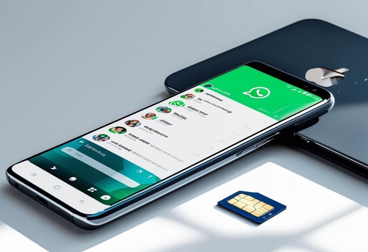 Um smartphone moderno com a bandeja do chip parcialmente ejetada, mostrando o aplicativo WhatsApp aberto na tela.