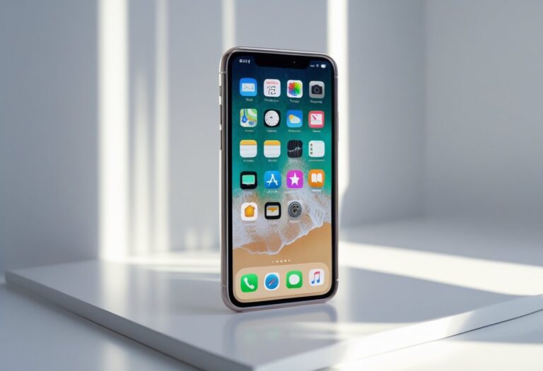Um iPhone moderno em uma superfície branca com uma capa que tem a bandeira dos Estados Unidos ao fundo.