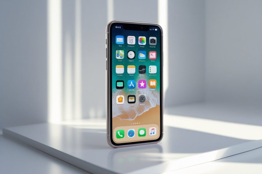 Um iPhone moderno em uma superfície branca com uma capa que tem a bandeira dos Estados Unidos ao fundo.