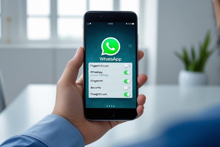 Pessoa segurando um smartphone com o aplicativo WhatsApp aberto, mostrando configurações de segurança de impressão digital.