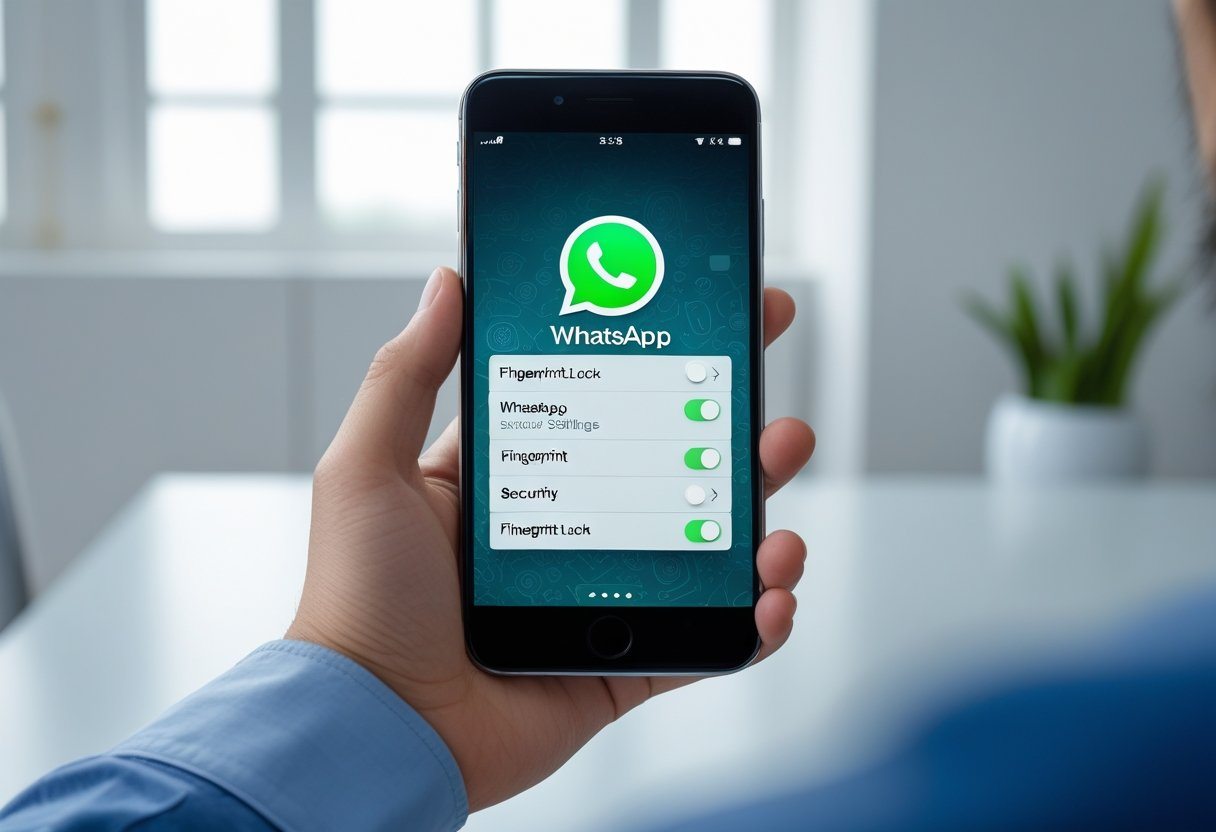Pessoa segurando um smartphone com o aplicativo WhatsApp aberto, mostrando configurações de segurança de impressão digital.