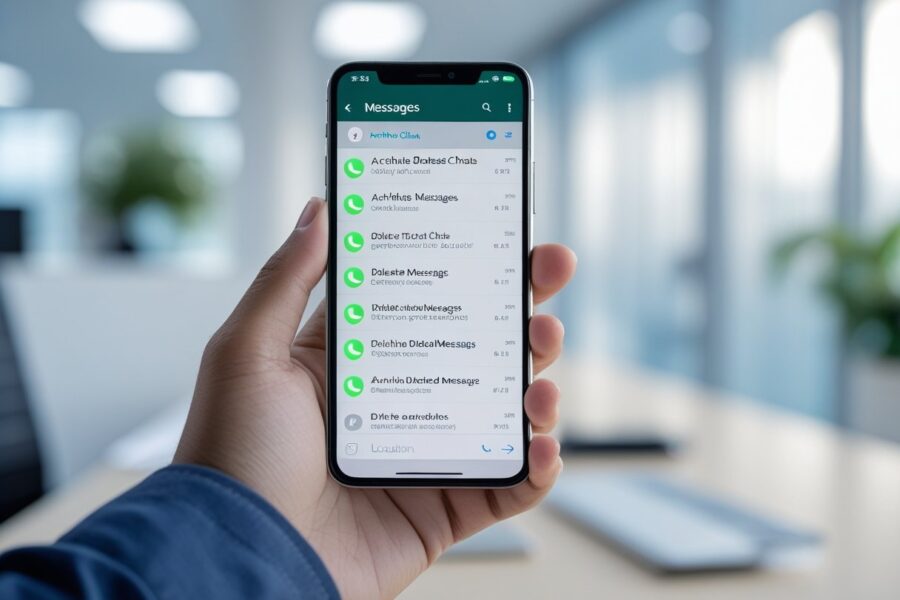 Pessoa segurando um smartphone com o aplicativo WhatsApp aberto, mostrando a lista de conversas em um ambiente de escritório.