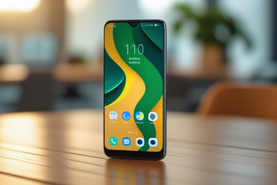 Um smartphone moderno brasileiro sobre uma mesa de madeira em um ambiente interno iluminado naturalmente.