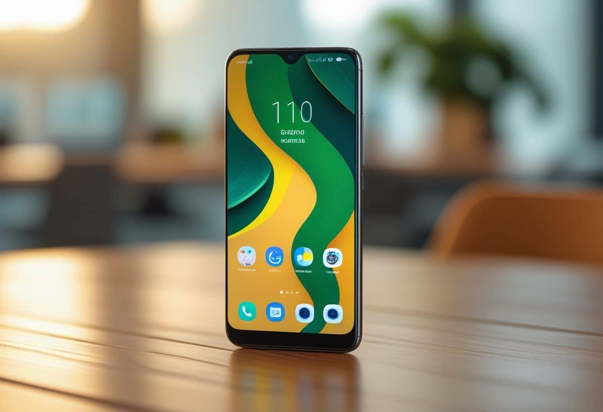 Um smartphone moderno brasileiro sobre uma mesa de madeira em um ambiente interno iluminado naturalmente.