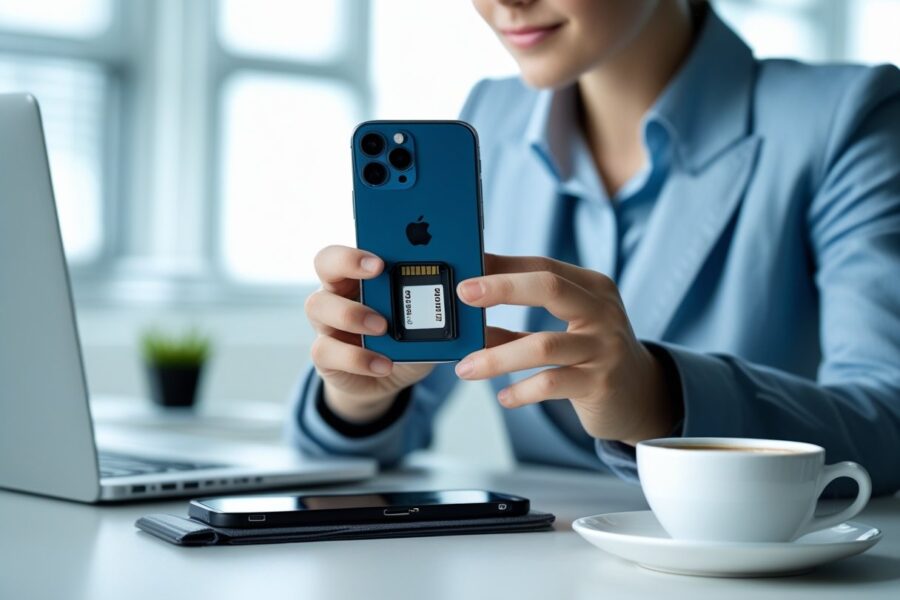 Pessoa segurando um smartphone com o compartimento do chip parcialmente aberto, em um escritório claro e organizado.
