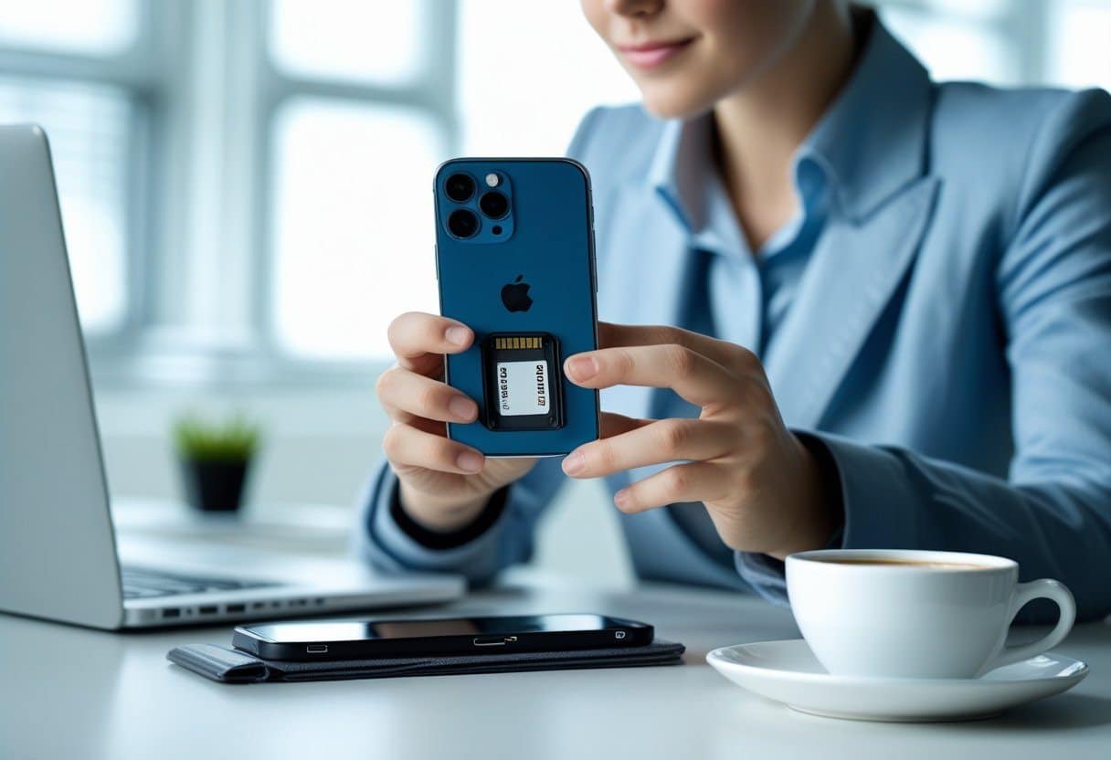 Pessoa segurando um smartphone com o compartimento do chip parcialmente aberto, em um escritório claro e organizado.