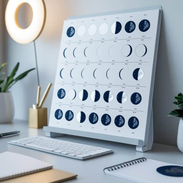 Mesa organizada com calendário lunar mostrando as fases da lua para o ano de 2025, com itens de escritório e uma planta pequena ao lado.