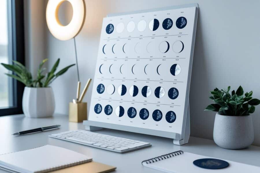 Mesa organizada com calendário lunar mostrando as fases da lua para o ano de 2025, com itens de escritório e uma planta pequena ao lado.