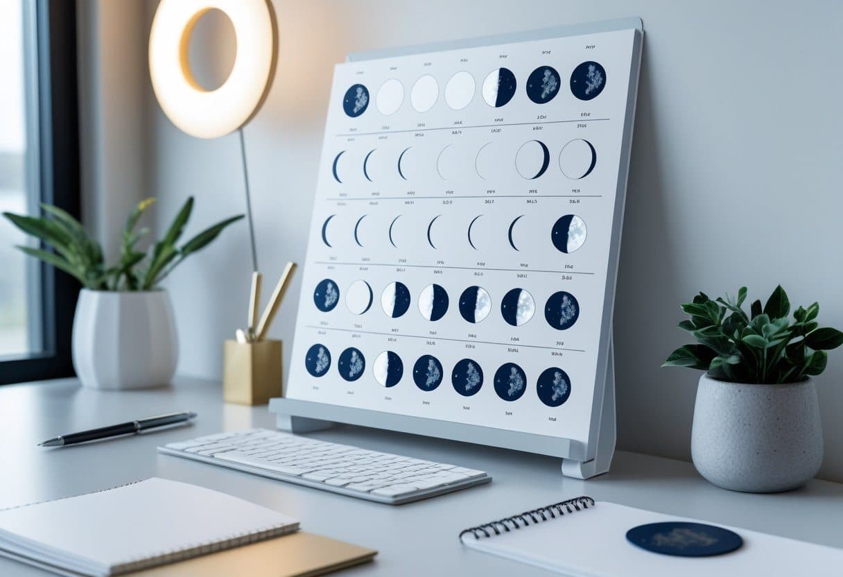 Mesa organizada com calendário lunar mostrando as fases da lua para o ano de 2025, com itens de escritório e uma planta pequena ao lado.