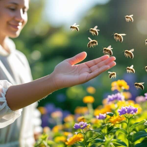 Pessoa ao ar livre afastando abelhas que estão próximas a flores em um jardim ensolarado.