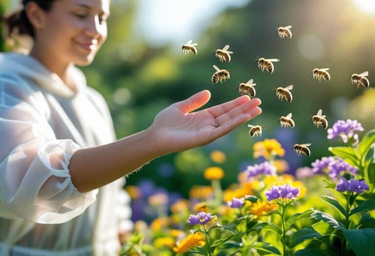 Pessoa ao ar livre afastando abelhas que estão próximas a flores em um jardim ensolarado.