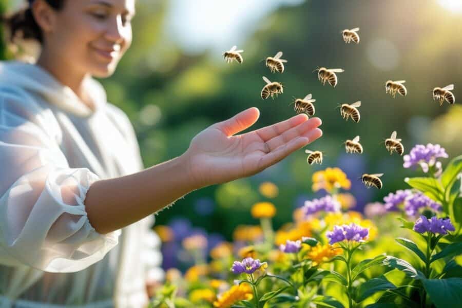 Pessoa ao ar livre afastando abelhas que estão próximas a flores em um jardim ensolarado.