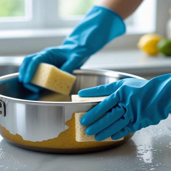 Mãos com luvas azuis limpando panelas de alumínio oxidadas em uma cozinha clara.