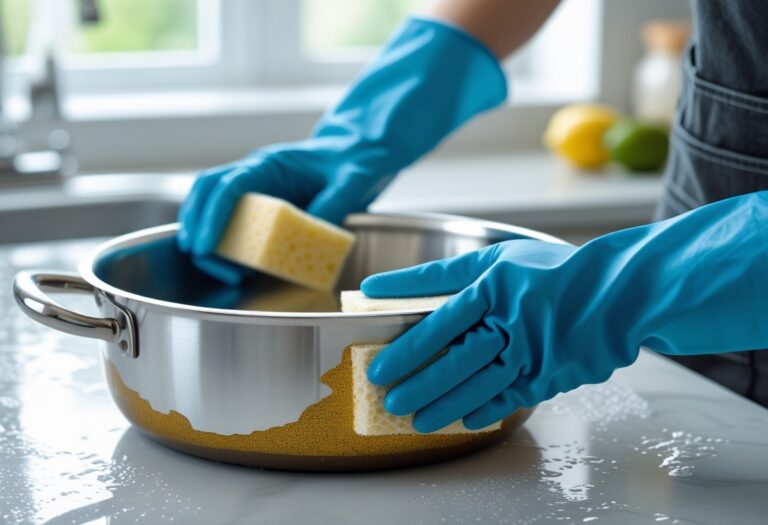 Mãos com luvas azuis limpando panelas de alumínio oxidadas em uma cozinha clara.